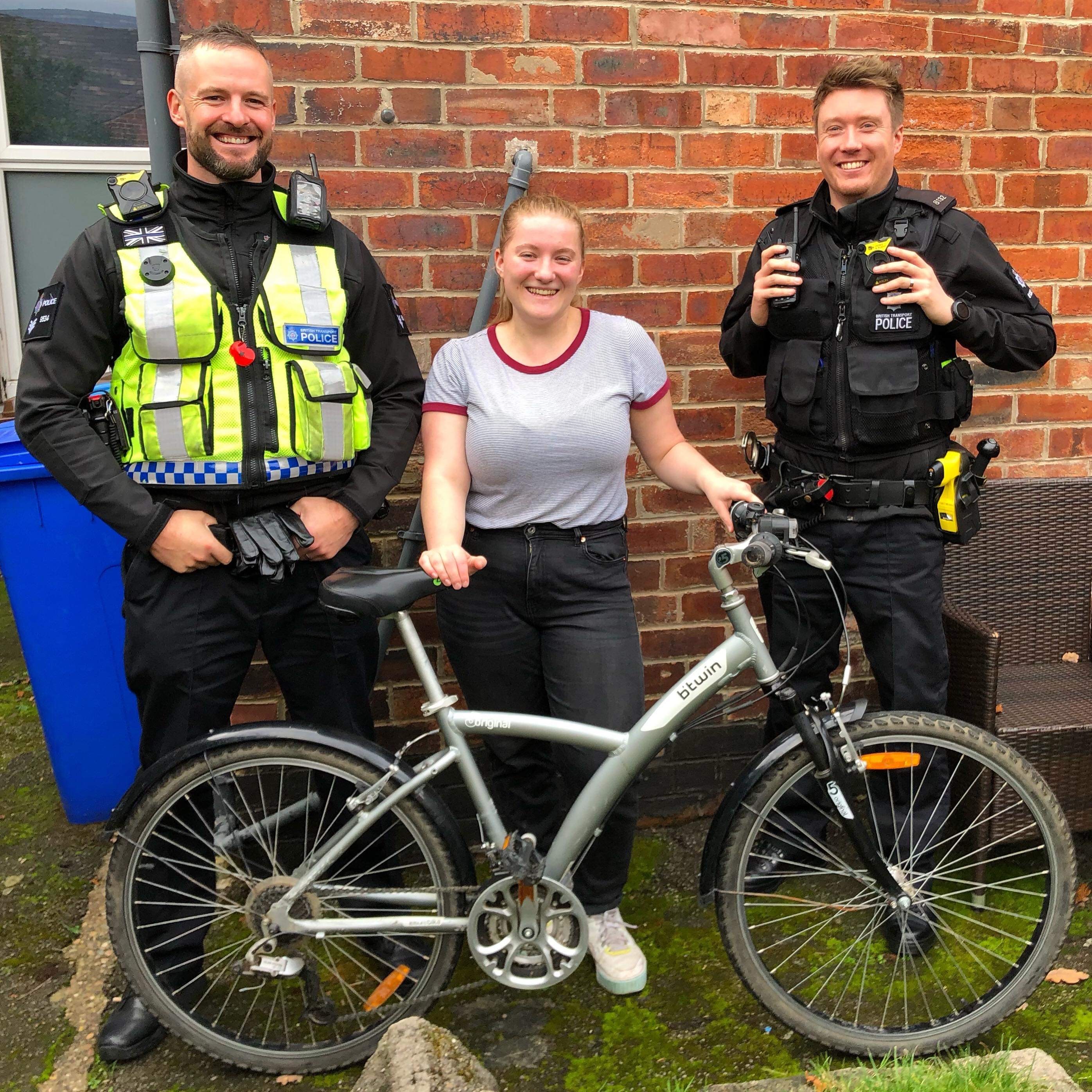 Sgt Steve O'Callaghan and PC William Jones who tracked down the bike with its owner Miriam Richmond