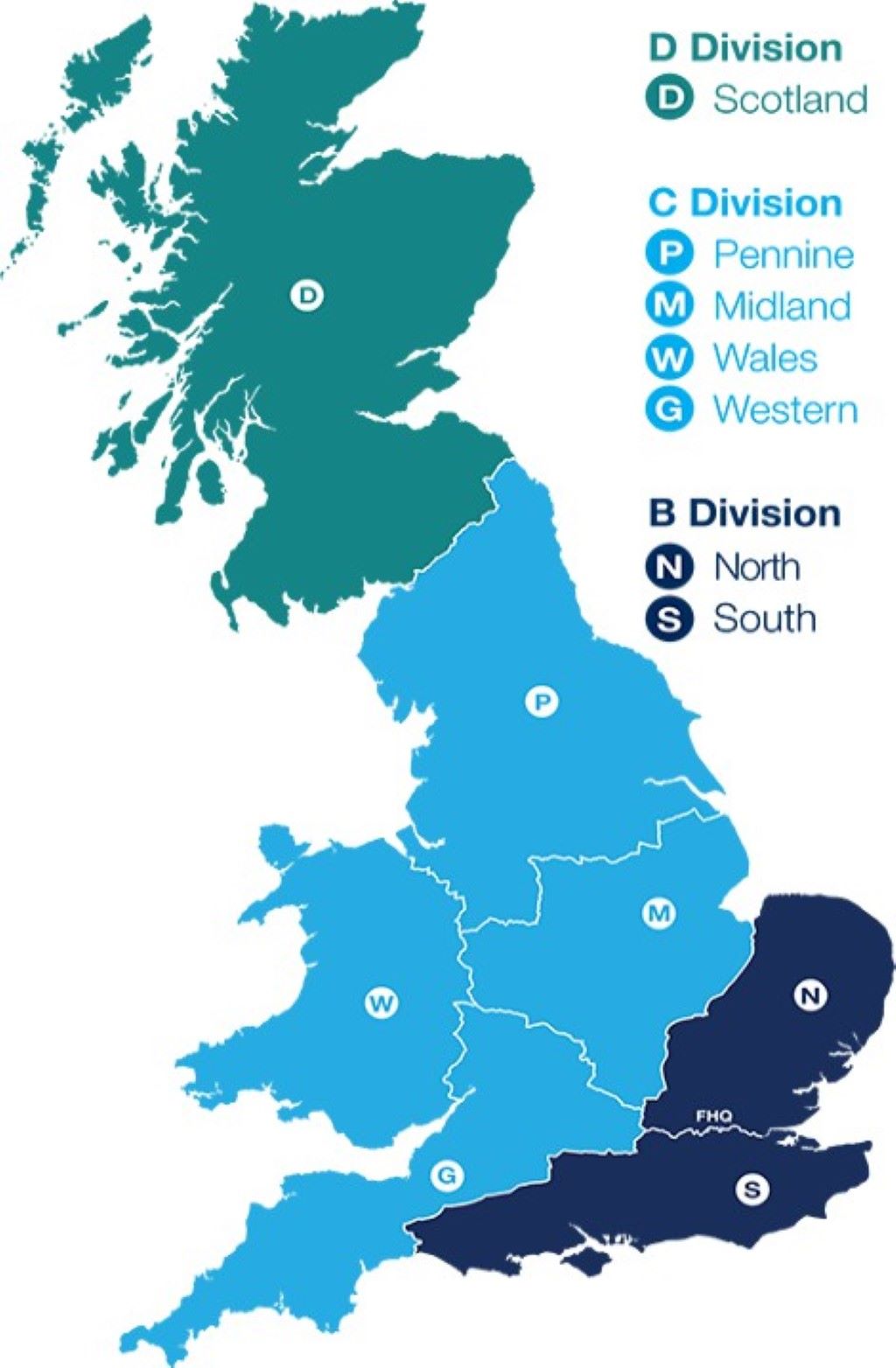 Map showing the divisions of British Transport Police